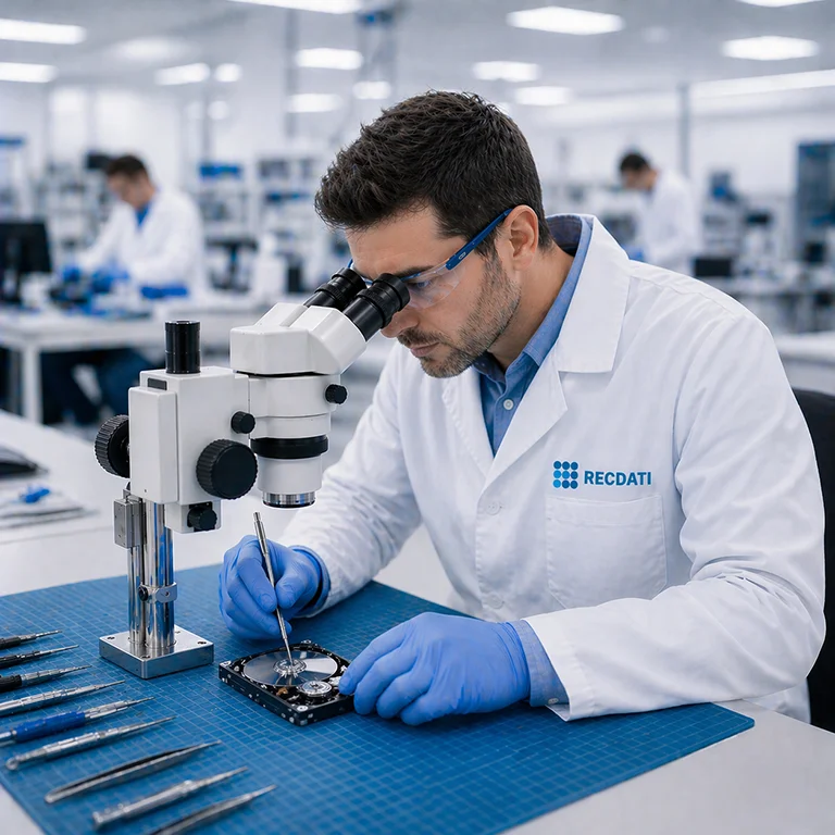 Tecnico specializzato nel recupero dati mentre analizza un hard disk in laboratorio a Lecce.